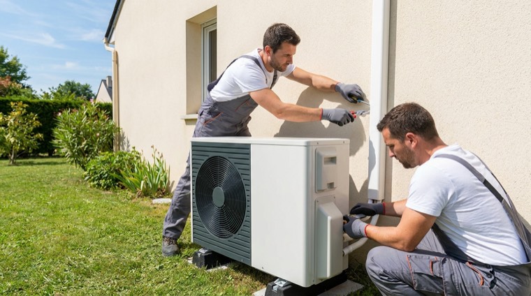 Deux techniciens installent l'unité extérieure d'une pompe à chaleur air-eau